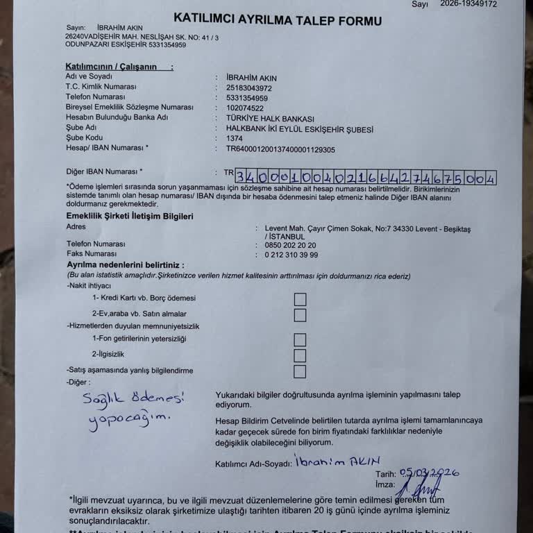 Sağlık Acil Durumu Nedeniyle Birikim Tutarının Hemen Hesaba Yatırılmasını İstiyorum