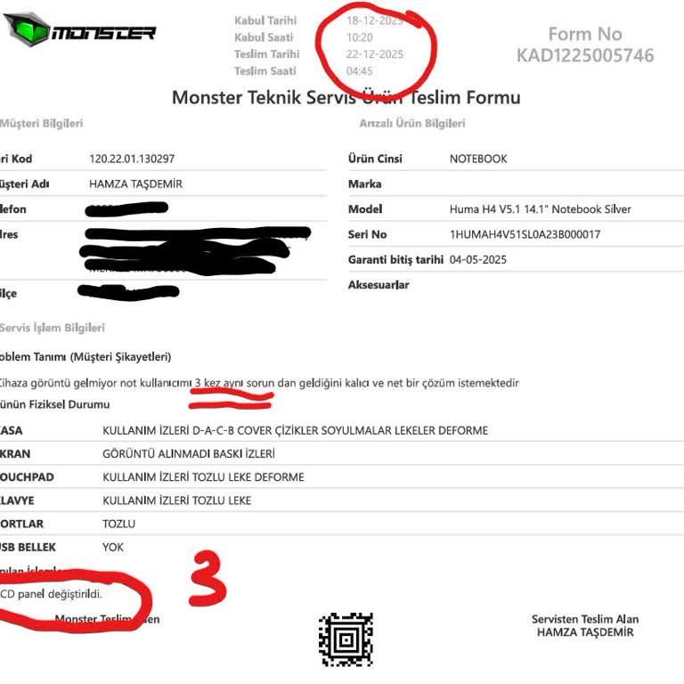 Monster Laptop Ekran Arızası Tekrarlıyor, Kalıcı Çözüm Ve Ürün Değişimi Talebi