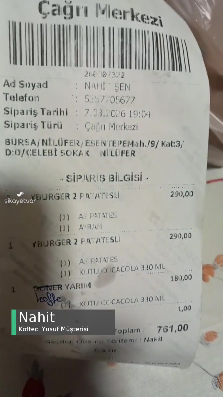 Köfteci Yusuf Siparişler Eksik Ve Hamburger Ekmekleri Yanları Yenmiş Şekilde Geldi videonun kapak resmi