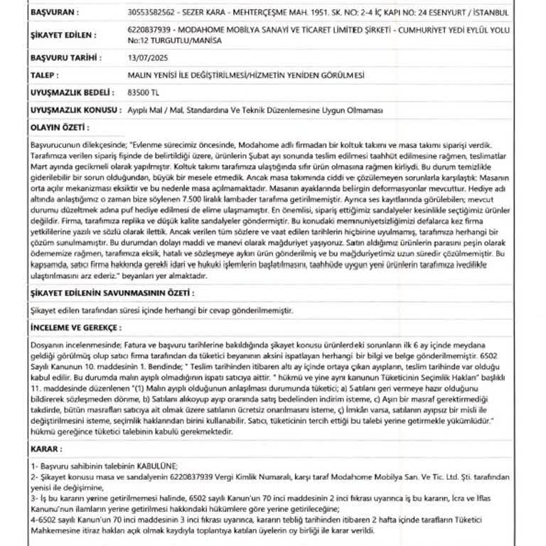 Eksik Parça, Kusurlu Ve Yan Sanayi Mobilyalar İçin Şikayet