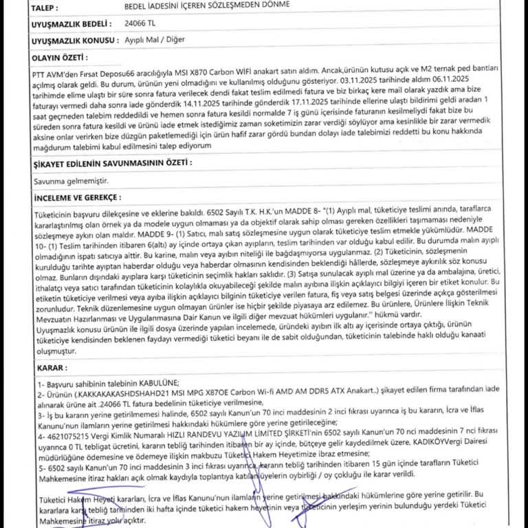 Satıcı Ve Epttavm Hakem Heyeti Kararını İhmal Ediyor, 24.066 TL İade Talebi