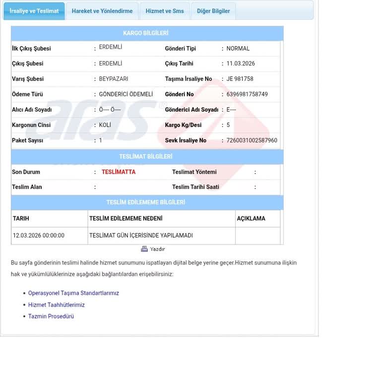Aras Kargo Canlı Ağaç Tesliminde Kapımda Çalınmadan Teslim Edilemedi Mesajı