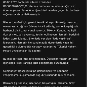 Biletalsat Teslim Etmiyor Ve İade Reddediyor