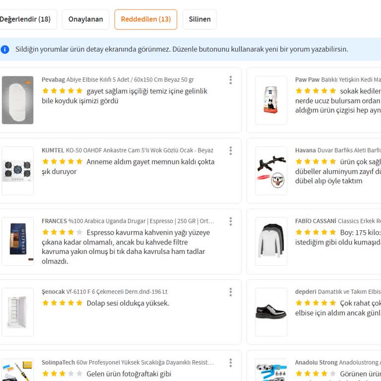 Trendyol Yorumlarım Yanıltıcı Sebebiyle Reddediliyor Ve Açıklama Gelmiyor