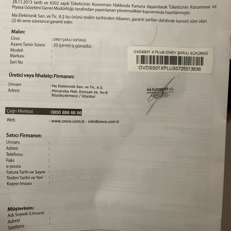 Onvo Şarjlı Dik Süpürge Kısa Sürede F1 Hatası Verdi, Garanti Kapsamında Tamir Talebi