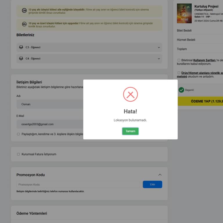 Vodafone FreeZone Kampanyasında 'Lokasyon Bulunamadı' Hatası Nedeniyle Bedava Bilet Kullanılamıyor