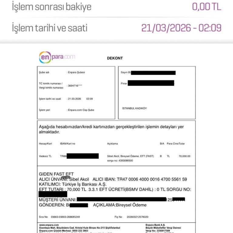 70 Bin TL Transferi Hesaba Yansımadı, Acil İade Veya Gönderim Talebi