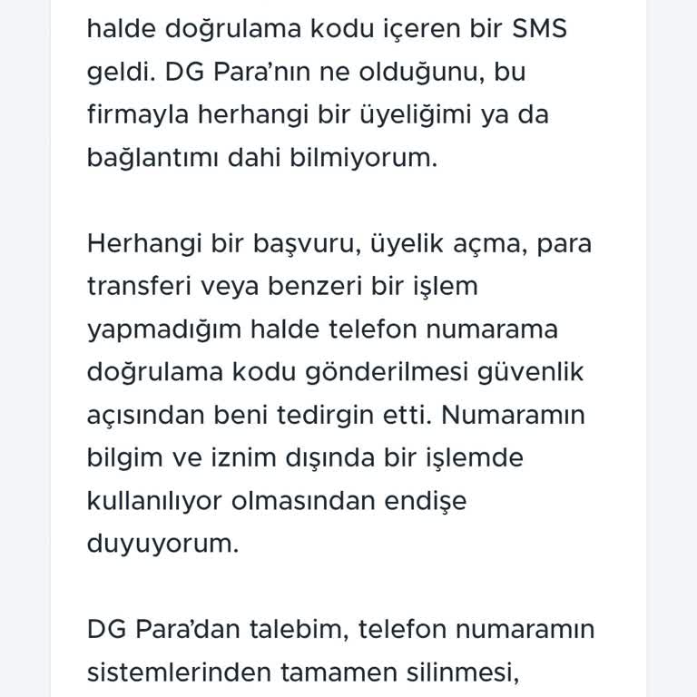 Kişisel Bilgilerimin İzinsiz Paylaşılması Ve DG Para’dan Gelen Yetkisiz SMS Talebi