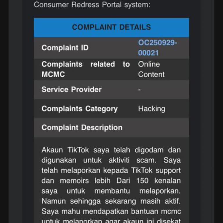 TikTok Account Recovery Request After Hacker Took Control