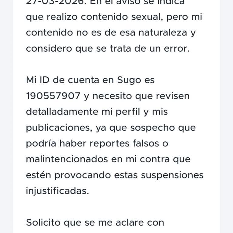 Cuenta Sugo suspendida por motivo erróneo, solicito revisión y solución