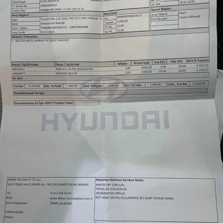 Hyundai Tucson Egzoz Arızası Ve Hatalı Teşhis Nedeniyle Ücret İadesi Talebi