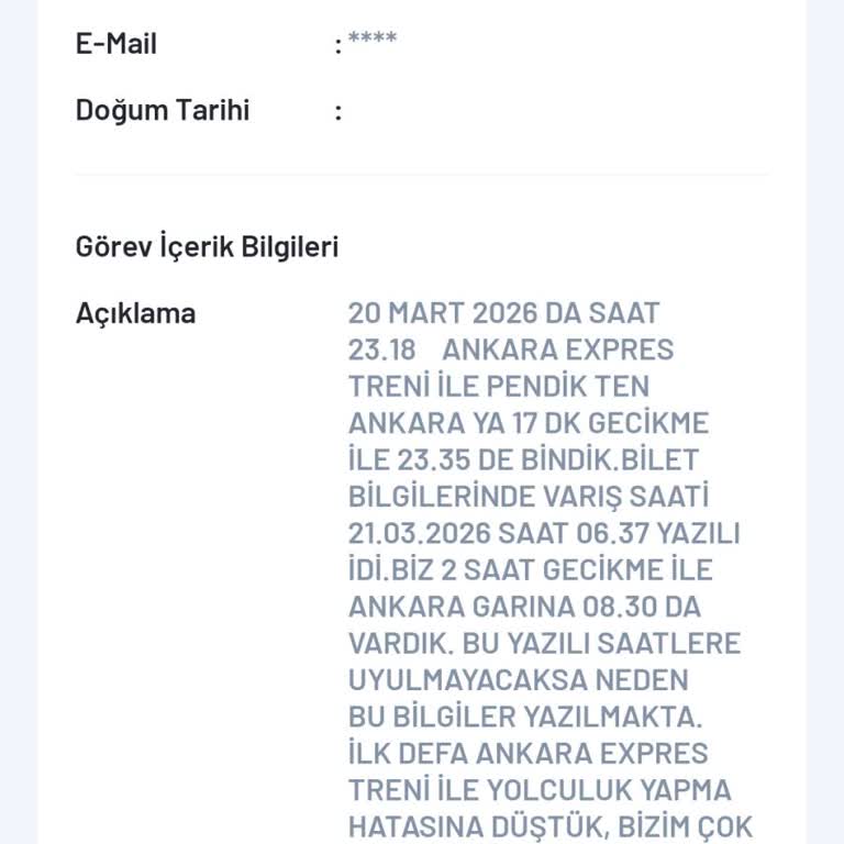Ankara Ekspresi Gecikmesi Nedeniyle Mağduriyet Ve Özür Talebi