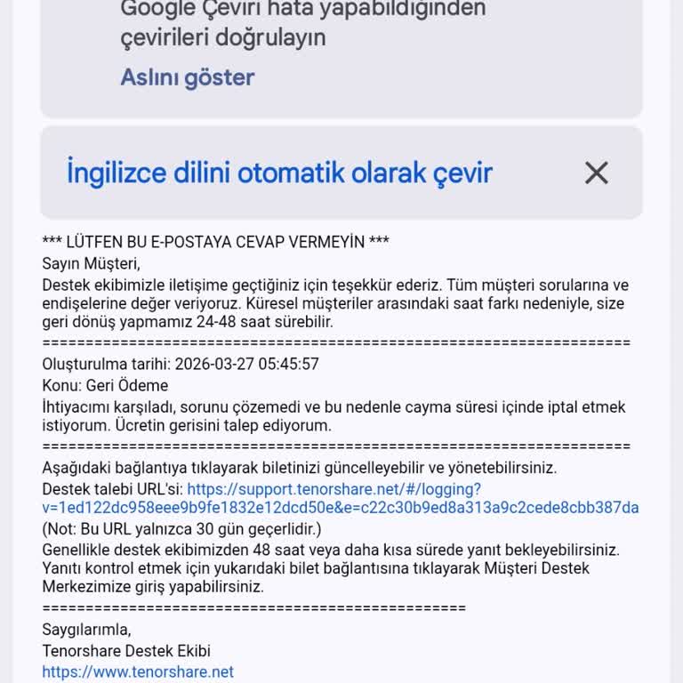 Tenorshare Reiboot Çözüm Sağlamadı Ve İade Talebim Cevapsız