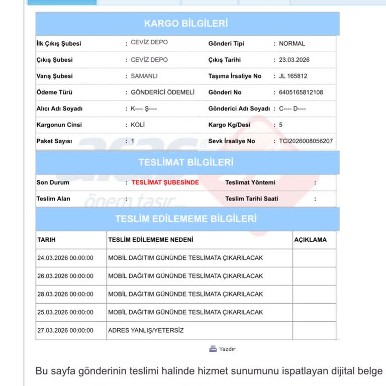 Aras Kargo'da 7 Gün Süren Adres Eksik İddiası Nedeniyle Teslim Edilmemiş Kargo