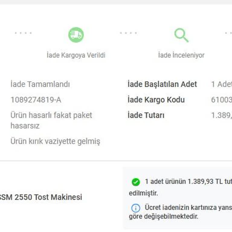 Hasarlı Tost Makinesi İadesi İçin Geri Ödeme Ve Bilgilendirme Eksikliği