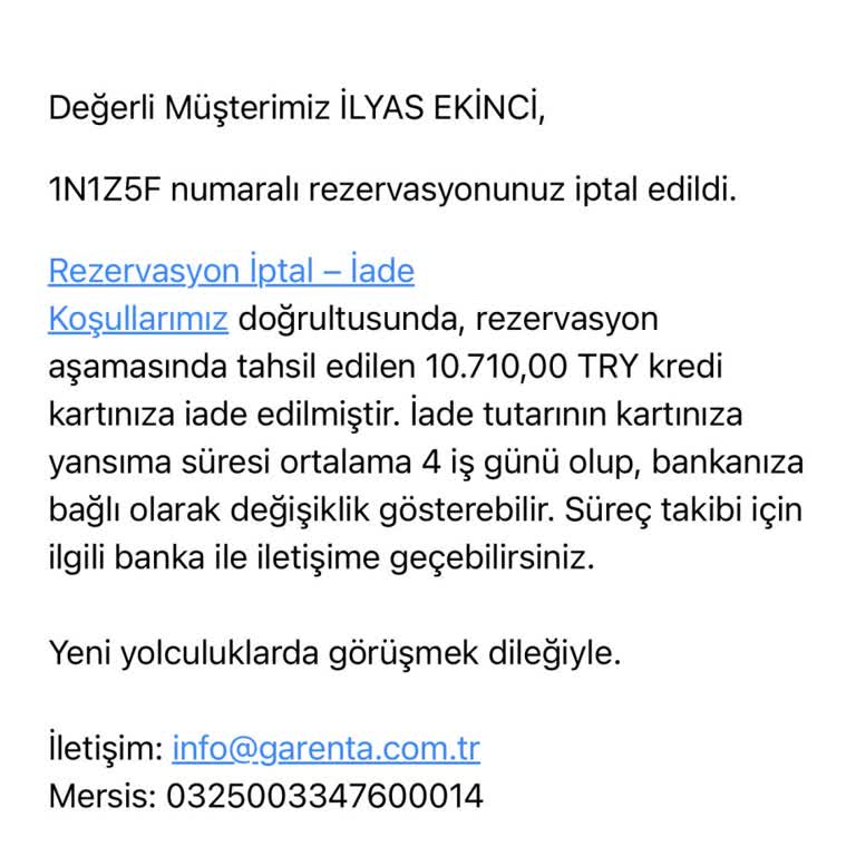 Garenta'da Ön Ödemeli Araç Kiralama Rezervasyonu Sebepsiz İptal Edildi