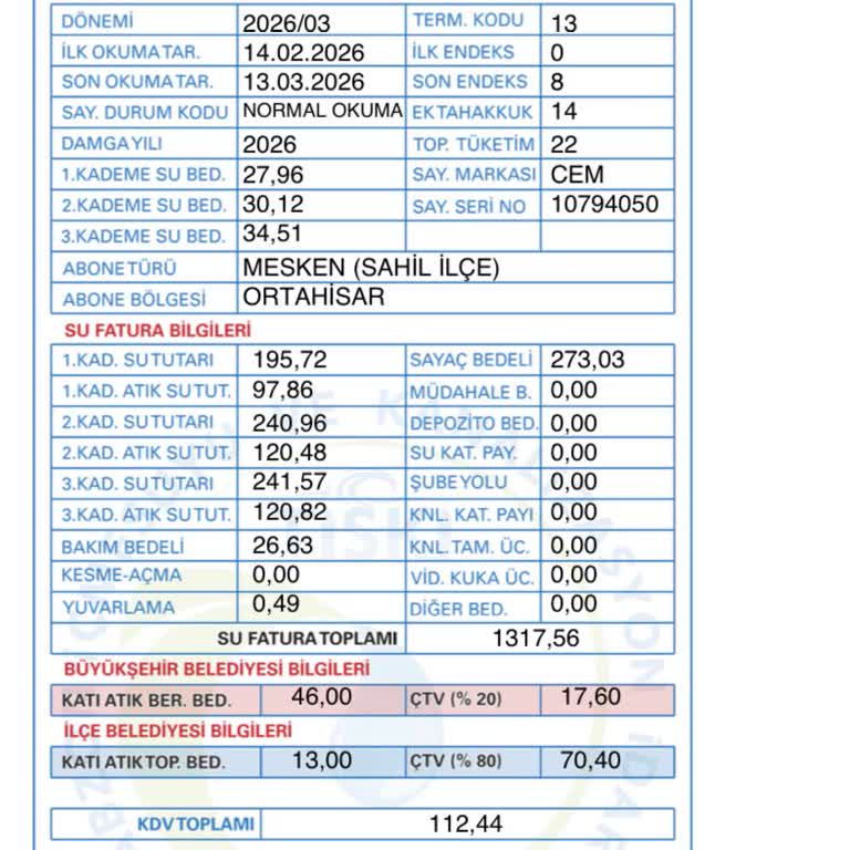 Mart 2026 Su Faturamda Açıklanamayan Artışın İncelenmesi Ve Düzeltme Talebi