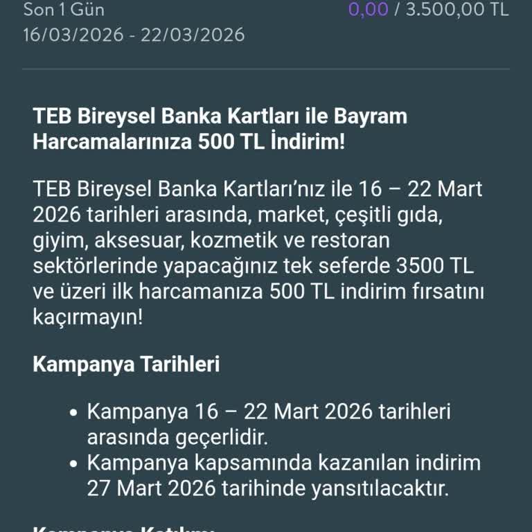 TEB Bankası Bonus Kart Kampanya İndirimi Hesaba Yansımıyor