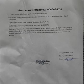 Samsun İlkadım Çiftlik Şubesinin Zorunlu Olmayan Sigortaları Zorla Satması Ve Cayma Talebimin Reddi