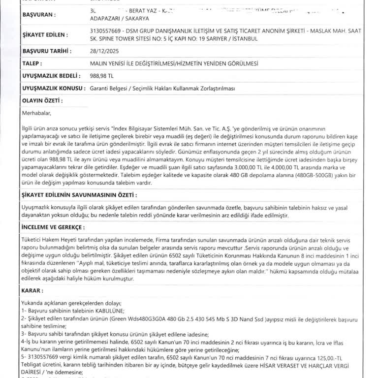 Trendyol’un Tüketici Hakem Heyeti Kararını İhmali Ve Ürün Değişim İsteği Reddi