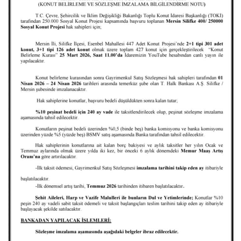 TOKİ'den %10 Peşinatın 240 Ayda Taksitlendirilmesi Hakkında Net Açıklama Talebi