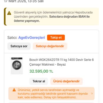 Hepsiburada Çizikli Yeni Bosch Çamaşır Makinesinin Tamamen Değişimini Talep Ediyorum