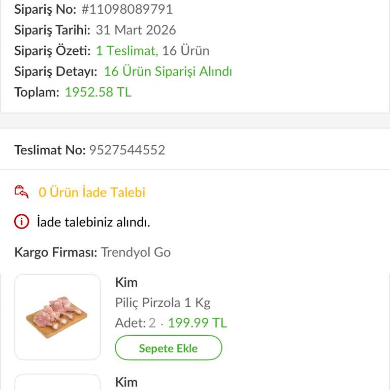 Trendyol GO Yanlış Ürün Gönderimi Ve Acil İade Talebi