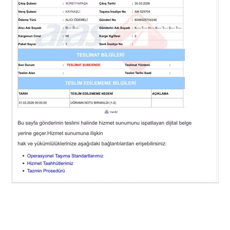 Kaynaşlı Aras Kargo Şubesinin Sahte Teslimat Notları Ve Evde Olunmasına Rağmen Kargonun Gelmemesi