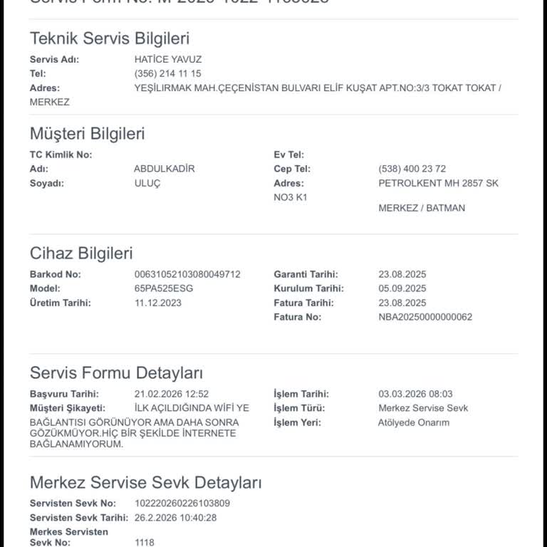 Televizyonda Wi-Fi Sorunu İçin İki Kez Anakart Değiştirildi Servis Cevapsız