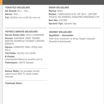 Beko D81HP Kurutma Makinesinde 6 Yılda Isı Pompası Arızası Ve 13 Bin TL Tamir Masrafı