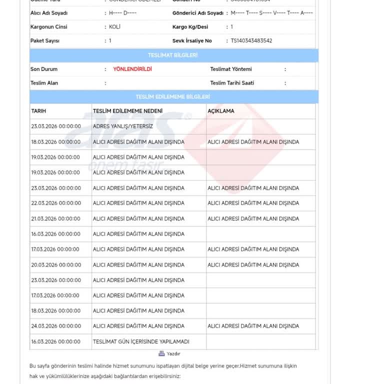 Aras Kargo'dan Bildirimsiz Teslim Edilmemiş 6400804981034 Numaralı Paketin Haksız İadesi