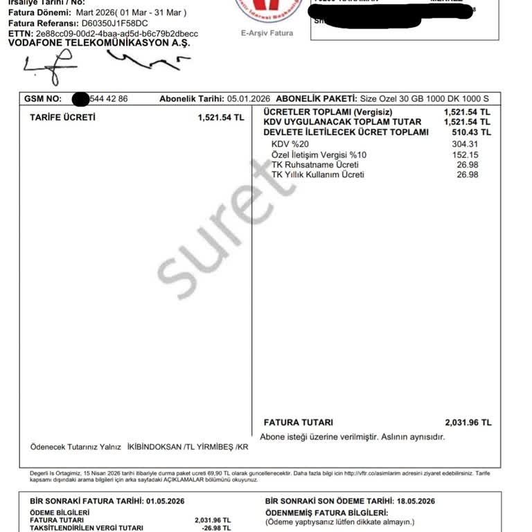 Vodafone Taşıma Sonrası Kampanyasız Faturalandırma Ve Aşırı Ücret Şikayeti