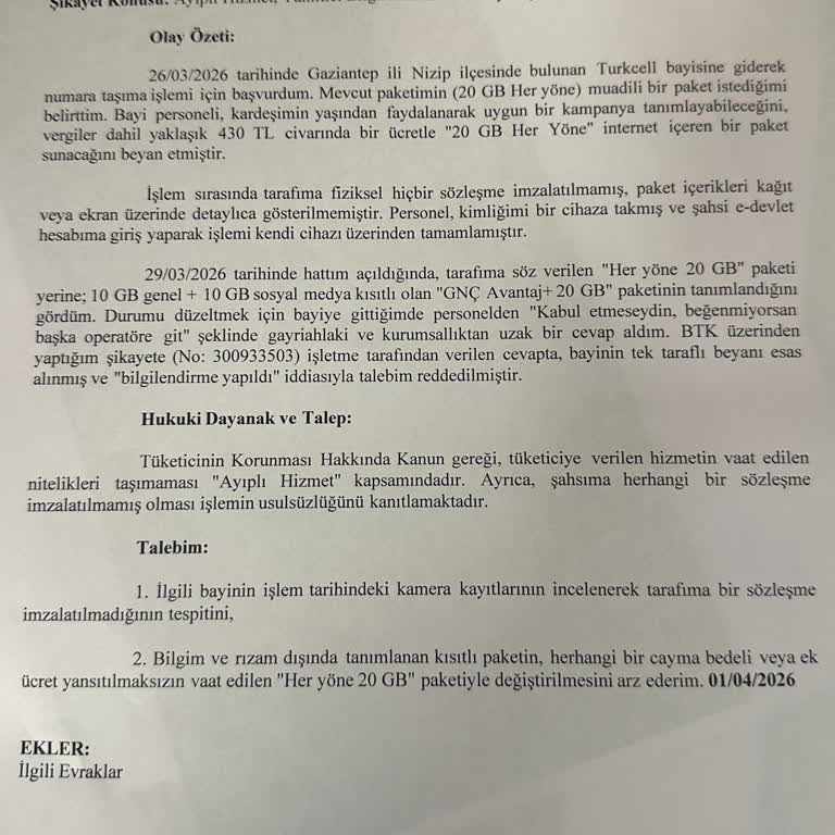 Yanıltıcı Bilgilendirme Ve Söz Verilen 20 GB Paketin Sağlanmaması