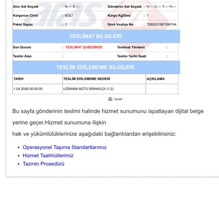 Aras Kargo Yanıltıcı Teslimat Kodu Ve Gerçek Teslimatın Olmaması
