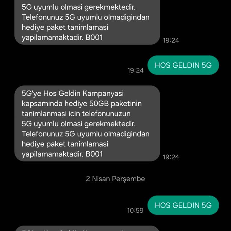 5G Uyumlu Telefonuma 50 GB Hediye İnternet Tanımlanmadı