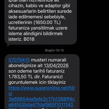 Superonline Cihaz İadesinin Tanınmaması Nedeniyle Haksız 1.783 TL Fatura Kesilmesi