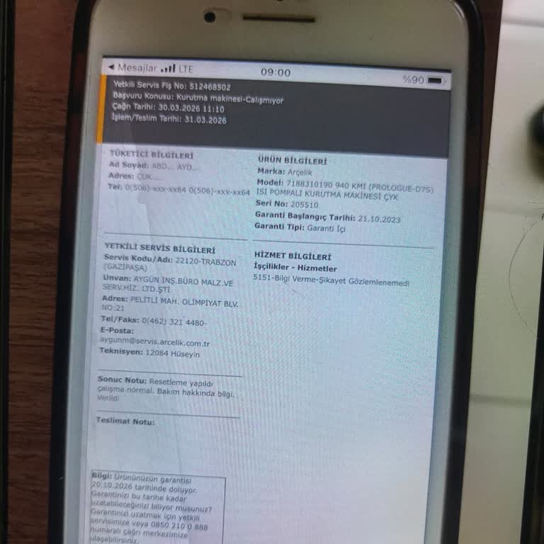 Arçelik Kurutma Makinesinin Garanti Dışı Bakım Ücreti Ve Uzayan Program Süresi