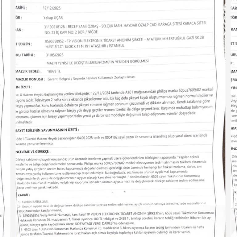 A101 Mağazasının Tüketici Hakem Heyeti Kararını Uygulamaması