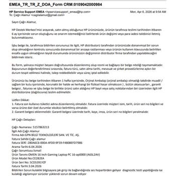 HP Omen Bilgisayar Değişim Talebinde Kupon Farkı Ve Kulaklık Girişi Arızası