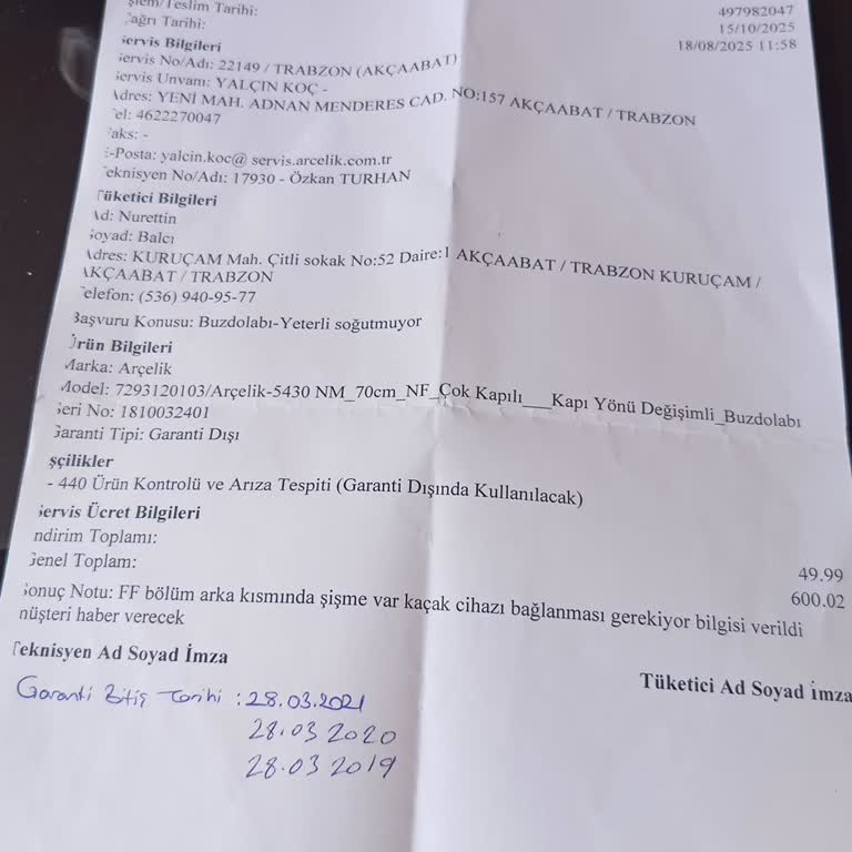 Arçelik Buzdolabımın Parça Garantisi İhlali Ve 600 TL Servis Ücretinin İadesi