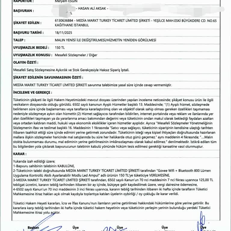 Media Markt Tüketici Hakem Heyeti Kararını Uygulamıyor