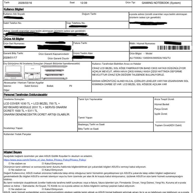 Yeni Asus Tuf F16 Dizüstü Bilgisayarımda Ayıplı Ürün Ve Ücretli Onarım Teklifi