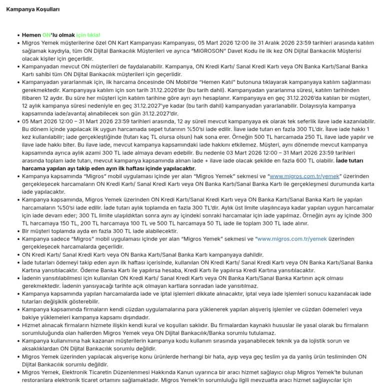 On Dijital Bankacılık Migros Yemek Kampanyasında İade Eksikliği Ve Tutarsız Uygulama