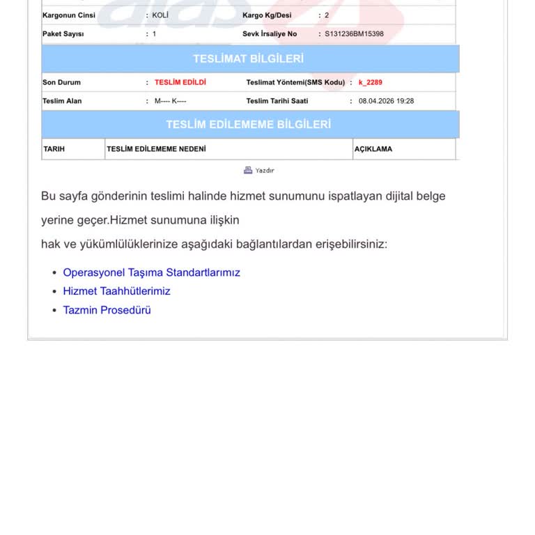 Teslim Edildiği Görünen Kargo Aras Kargo'da Elime Ulaşmadı