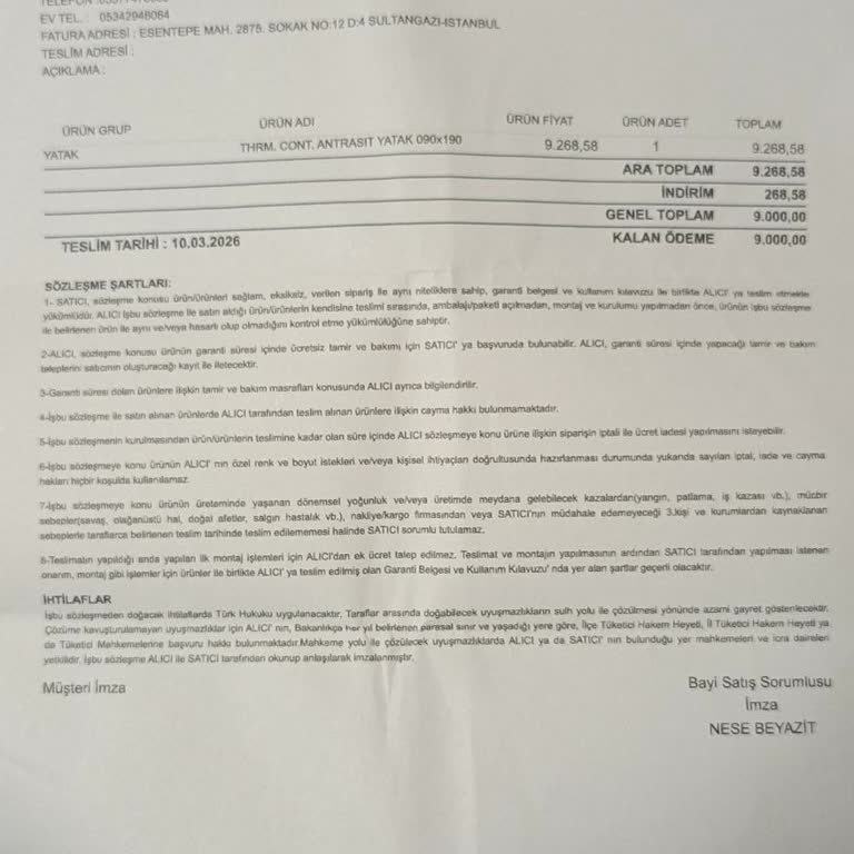 Teslim Edilmemiş Yatak İçin İptal Ve Tam Geri Ödeme Talebi