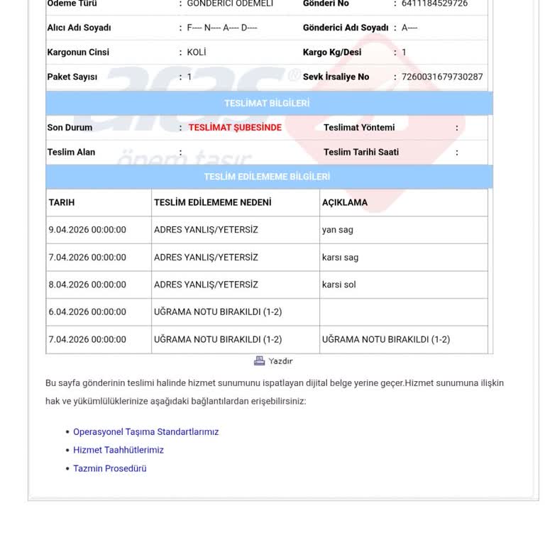 Aras Kargo Adres Eksik Göstermesi Ve Teslim Edilmemesi