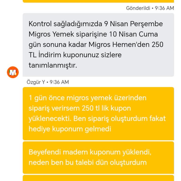 Migros Hemen 250 TL Kuponu Yüklenmedi, Alışverişim Mağdur Oldu
