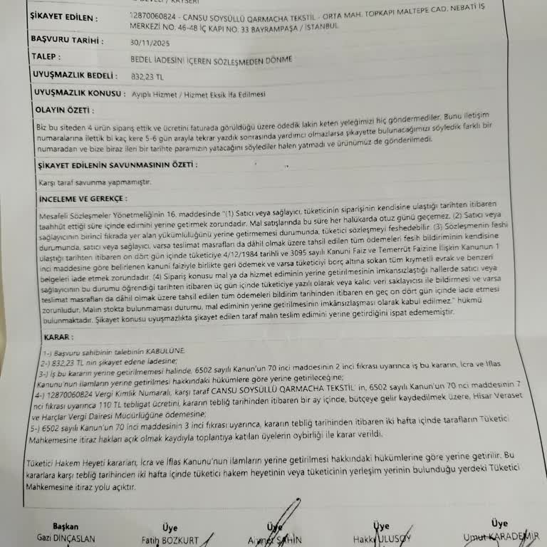 Qarmacha Tekstil'de Eksik Ürün Gönderimi Ve Hakem Heyeti Kararının İhlali