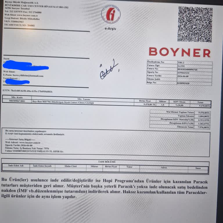 Boyner'de Gözlük Alımımda Ödenen Ücret İle Etiket Fiyatı Arasındaki Fark İadesi