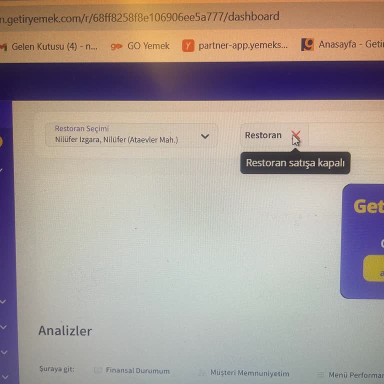 Getir Yemek Panelimiz Dört Aylık Süreyle Satışa Kapalı, Destek Yok